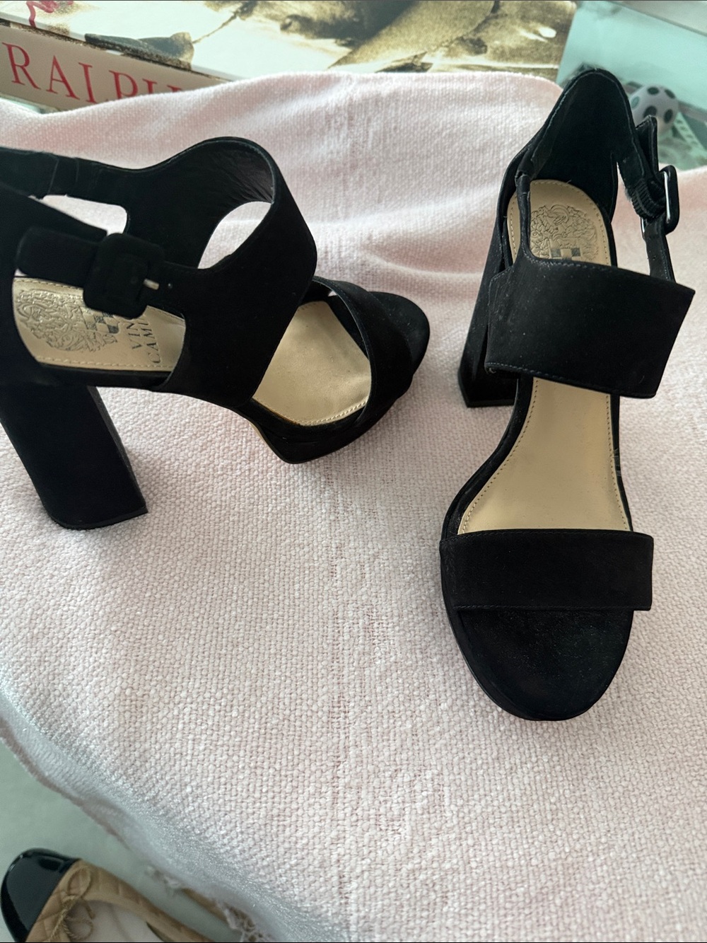 Vince Camuto Black Suede Block Heel Sandals